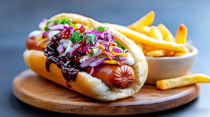 Close-up of a Hot Dog with Coleslaw, BBQ Sauce, and French Fries