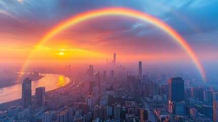 Sunset rainbow arches over sprawling city.