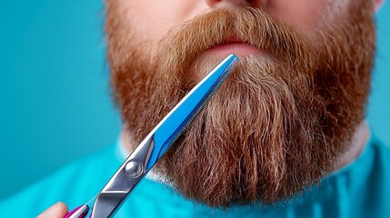 Close-up of a Man Trimming his Red Beard with Small Scissors