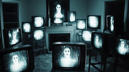 Spectral figures on vintage TVs fill a room, creating a chilling atmosphere for horror or thriller media