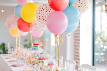 . A vibrant party design with floating helium balloons in colorful shades, tied with gold ribbons, and scattered confetti.
