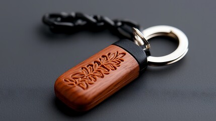 Close-up of a Wooden and Leather Keychain with Engraved Design