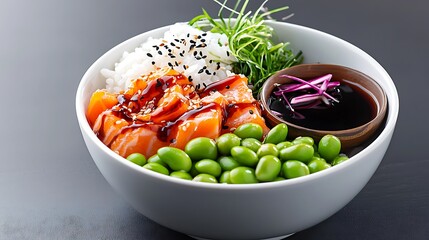 Close-up of a vibrant and healthy salmon bowl with rice, edamame, and soy sauce