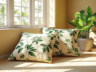 Cozy Indoor Scene with Decorative Cushions and Green Plant
