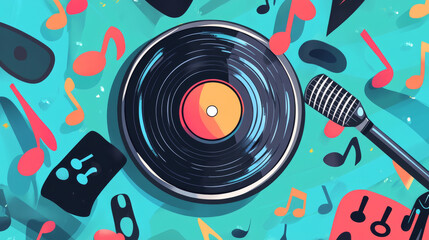 Cartoon retro groovy vinyl record character sings passionately with microphone and funky melody notes flying around, embodying soulful vibe of classic music. Isolated vector vintage musical personage