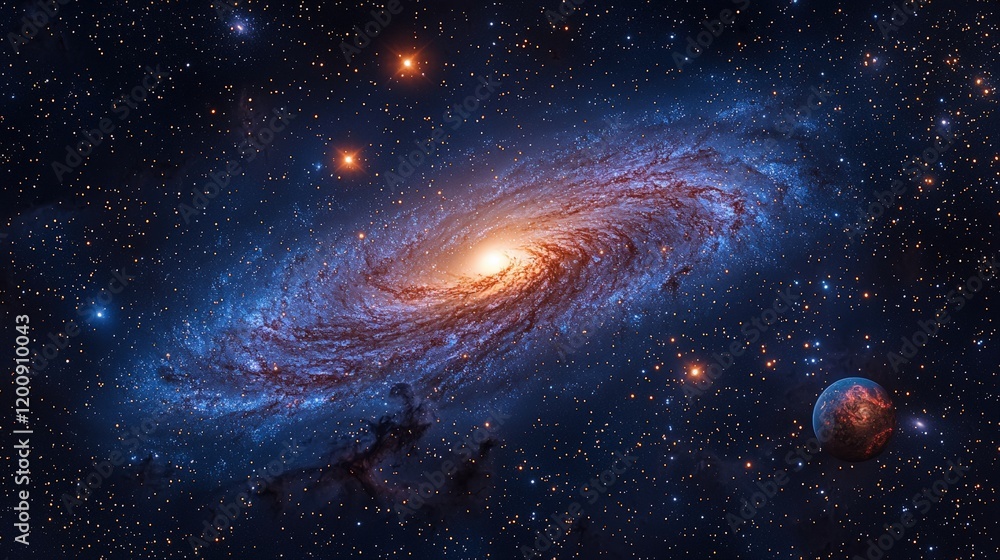 Poster a breathtaking spiral galaxy with a bright core dominates the space. stars and a planet add to the c