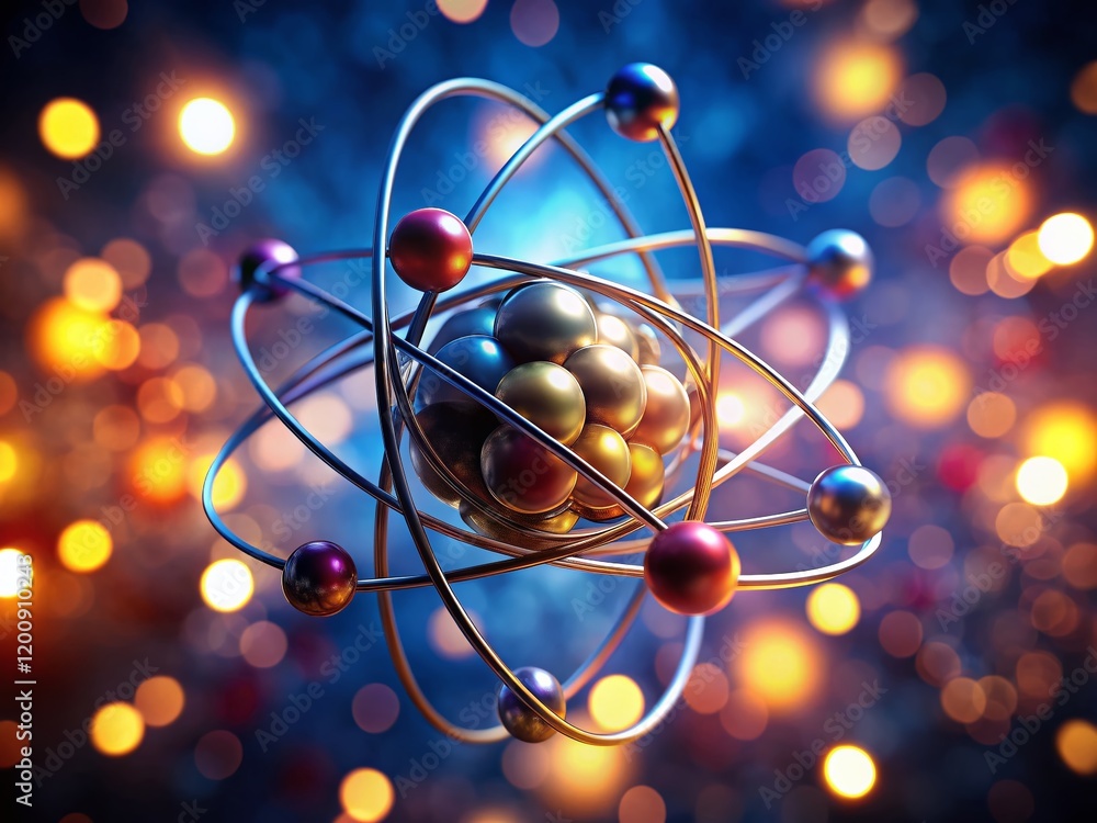 Poster 3d rendered atom structure with bokeh background - microscopic physics illustration