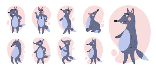 Wolf cute. Dog of forest cartoon. Child animal, happy face, running mascot. Predator in different poses. Set adorable wildlife happy character, comic design, kids icons. Vector tidy illustration