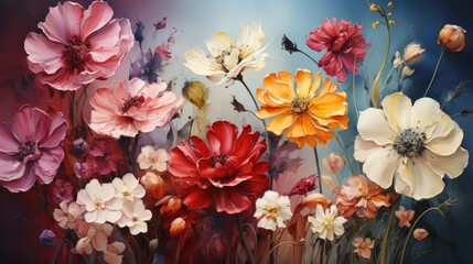 Colorful floral painting with pink red orange white and purple blossoms and stems