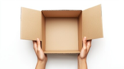 hands holding an open cardboard box - top view isolated on white background