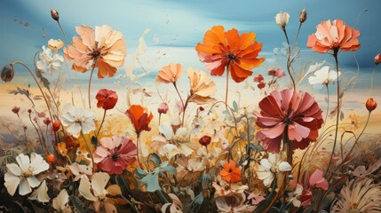 Abstract floral art featuring vibrant poppy flowers against a serene sky backdrop