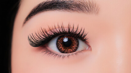 Obraz premium Close up of beautifully enhanced eye with long, voluminous eyelashes and natural makeup