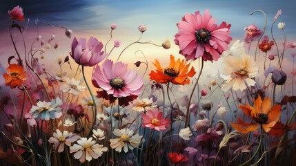A vibrant array of painted flowers in pink, orange, and white under a gradient sky