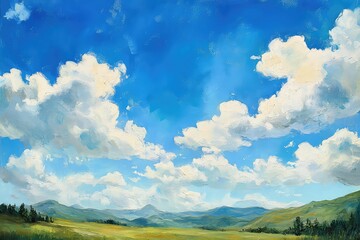 . A wide-angle view of a summer landscape with fluffy white clouds drifting across a vibrant blue sky.