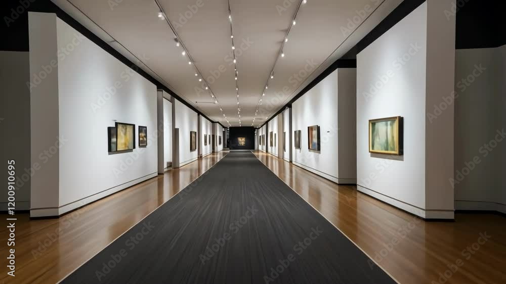 Poster long gallery hallway displaying various paintings with modern lighting creating a serene atmosphere 