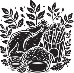 Black Color Fried Chicken Silhouette Vector Illustration, Solid White Background