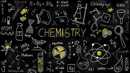 Chemistry chalk doodle concept knowledge education on blackboard or chalkboard background
