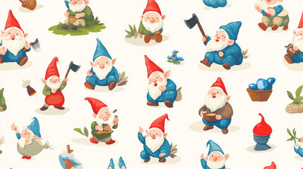 Fototapeta premium Cartoon gnome or dwarf characters seamless pattern, vector background for kids. Cute village gnome workers pattern, dwarf farmer in garden, cooking or sewing, gnome hunter with lumberjack and miner