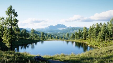 Obraz premium Serene landscape with a tranquil pond and distant mountains.