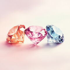 Fototapeta premium Three colorful gemstones in orange, pink, and blue hues sparkle against soft gradient background isolated design on white background