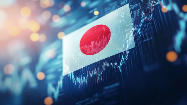 Japanese flag overlaid on stock market data, symbolizing japan's economic trends.
