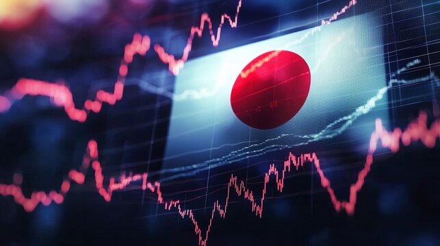 Japanese flag with stock market graph symbolizes nikkei index and japan's economic trends.