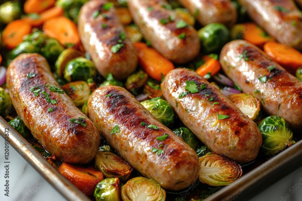 Sticker Roasted sausages with carrot and brussels sprouts garnish a baking tray