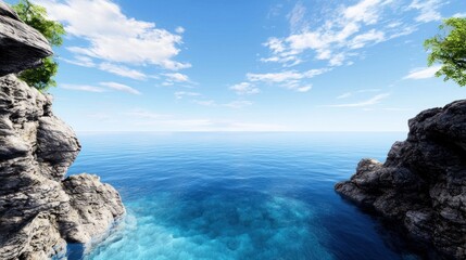 Serene ocean view with clear blue water and rocky coastline.
