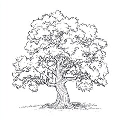 Majestic oak tree line drawing, nature illustration, white background, design element
