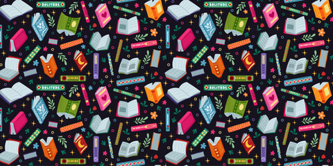 Obraz premium Books background. Cartoon education seamless pattern. Library colorful drawing. Artistic bookcase. Literature volume collection. Bestseller reading. Bookshelf repeated print. Vector tidy wallpaper