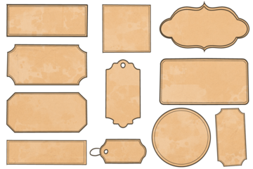 Used paper label tag sticker. Decorative grunge Vintage card isolated on transparent background. Retro badge. Insignia, sale sticker or invitation card.