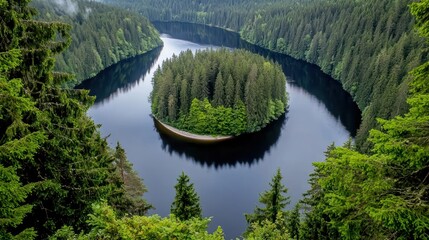 Serene landscape featuring a river bend and lush island.