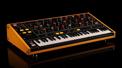 A colorful synthesizer with keys and various control knobs.