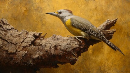Photo of a grey-headed woodpecker perched on an old tree branch, its grey and yellow plumage contrasting with the brown background. 