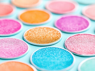 Naklejka premium Vibrant makeup eyeshadow pans in various shimmering colors arranged on pastel background