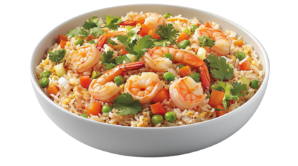 Delicious shrimp fried rice garnished with fresh herbs and vegetables in a white bowl.