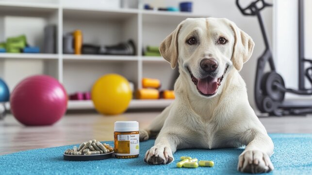 Healthy Labrador Retriever in a Gym Setting with Supplements