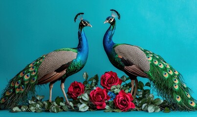 Obraz premium Graceful peacocks among roses close-up photography