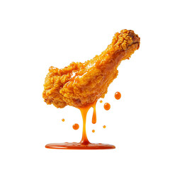 Crispy fried chicken leg dripping with spicy sauce, isolated on white background.