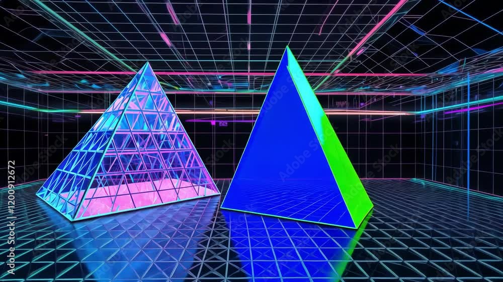 Aufkleber futuristic digital scene featuring neon colored pyramids with reflections and geometric patterns in 