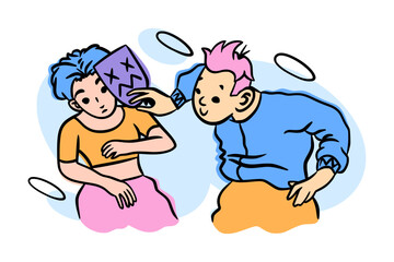 Mental health. Fake masks. Woman insincerity. Man exposing lie. Emotion expression disguise. Human relationship psychology. Dishonest people. False and fraud. Vector hypocrisy or falsehood concept