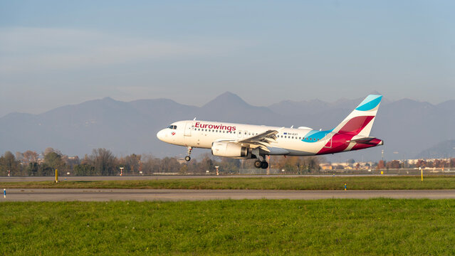 Eurowings Airbus A319 is landing at BGY Milano Bergamo international airport