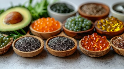 Healthy superfoods  omega-3, chia seeds, algae.  Lifestyle food photography