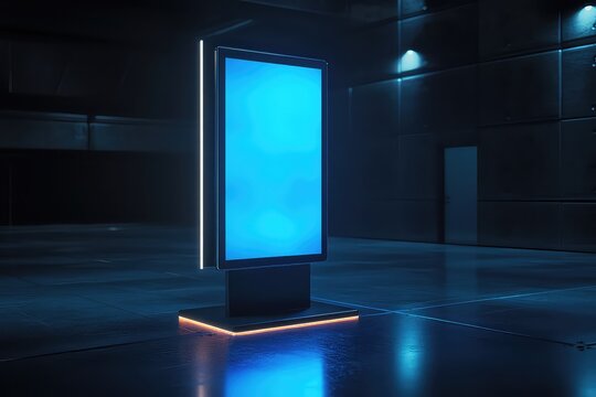 3D-rendered digital signage mockup with glowing display in a dark studio setting.