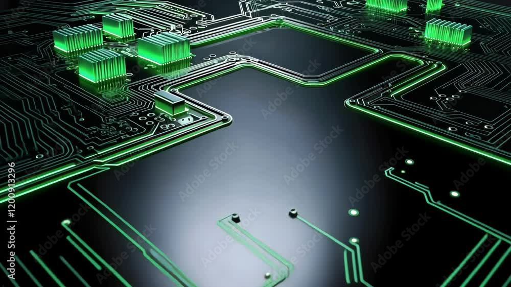 Poster futuristic circuit board with glowing green components and reflective surface, emphasizing technolog