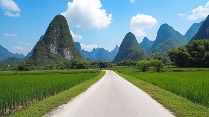 Country Road Through Rice Paddies and Mountains