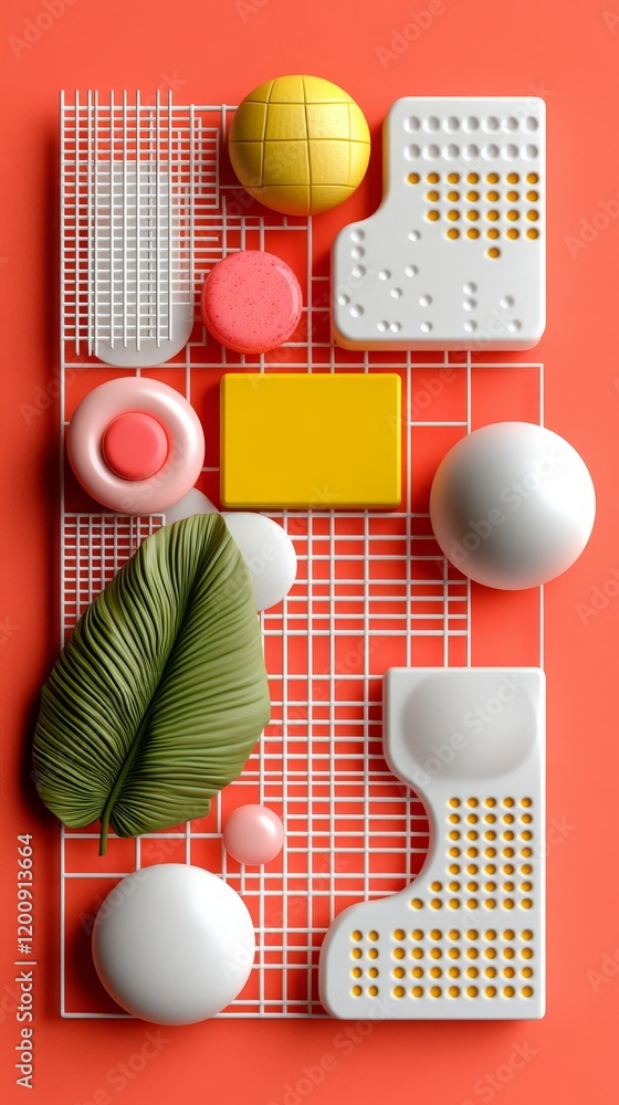 Poster abstract composition of colorful objects on a grid against a coral background