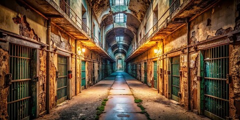Fototapeta premium Abandoned Penitentiary Corridor Stock Photo: Eerie Prison Interior