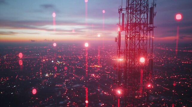 Cityscape at sunset with telecommunication tower and network connections.