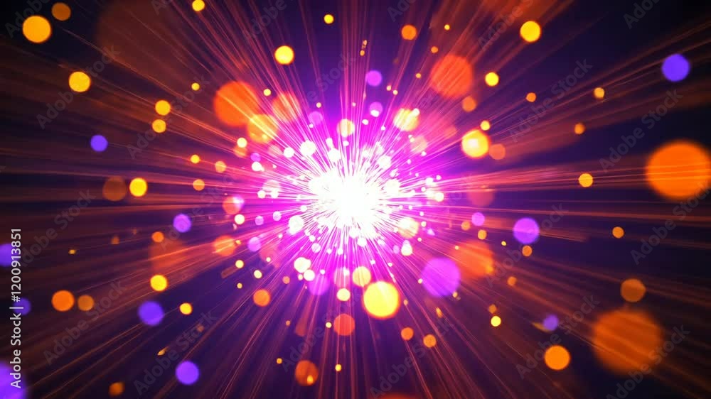 Poster vibrant explosion of light rays and colors with a central bright glow creating a mesmerizing effect